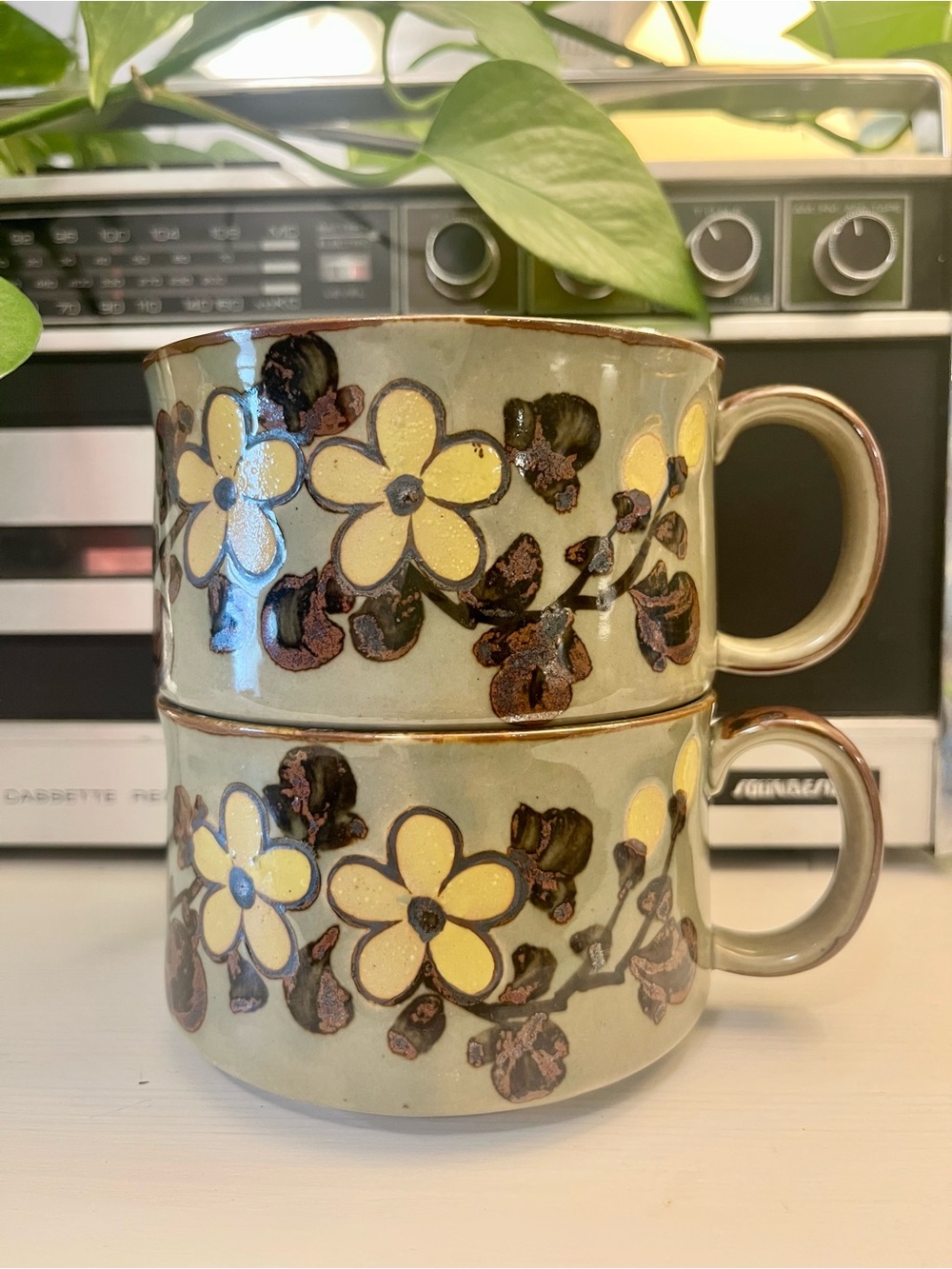 Vintage Handcrafted Floral Ceramic Mugs in Pale Green - Set of 2